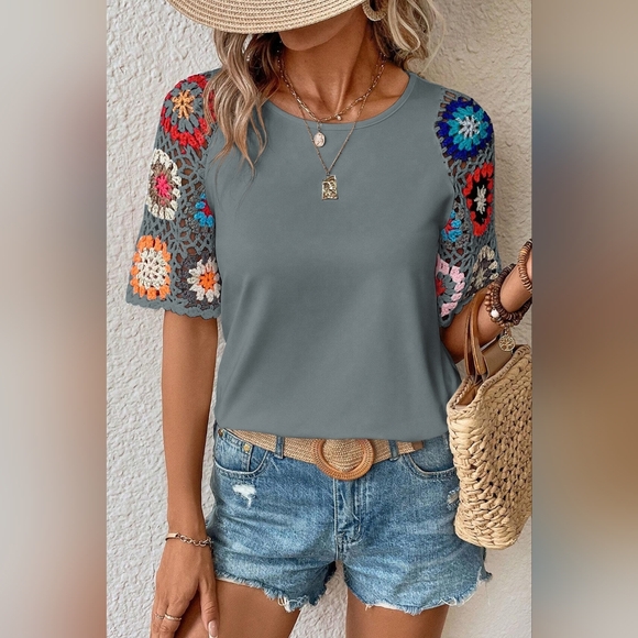 Crochet Patchwork Colorful Granny Square Open Knit Top Short Sleeve Boho Shirt - Picture 3 of 11